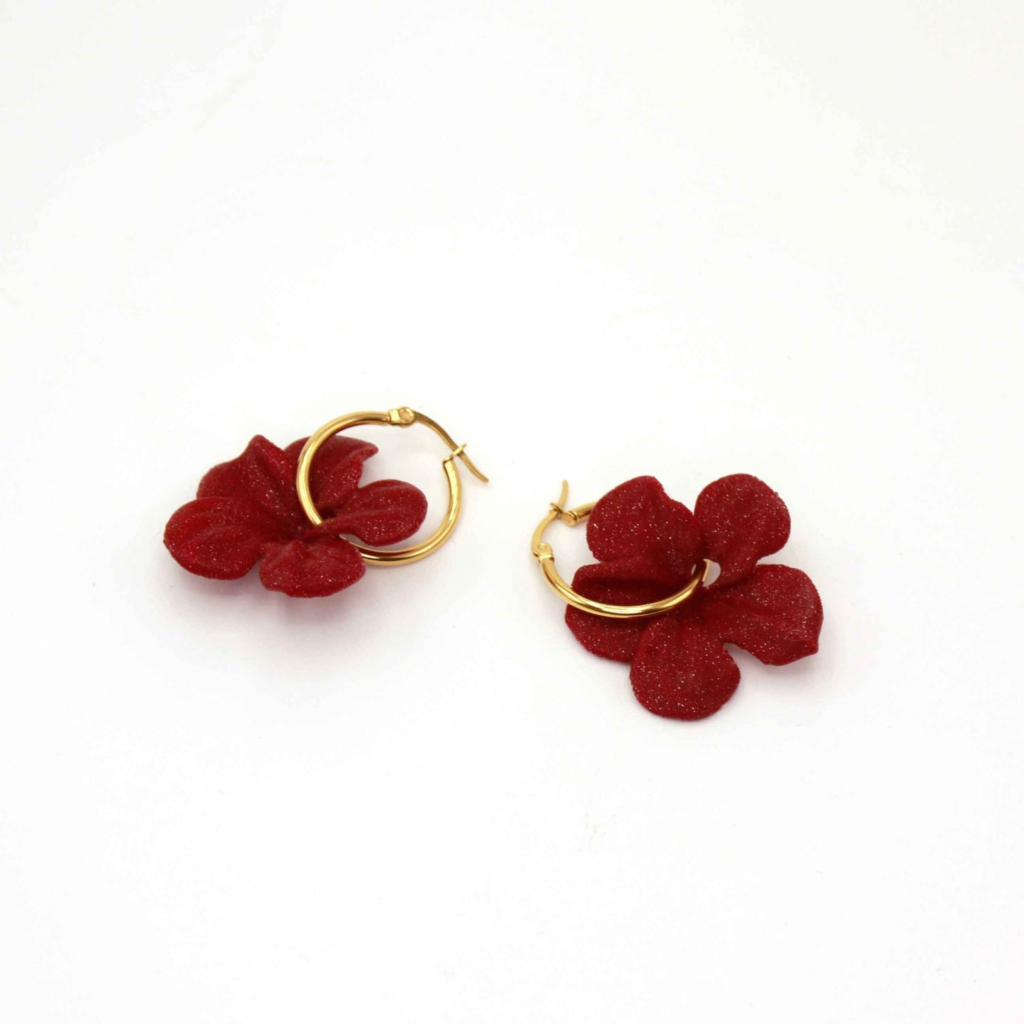 Very comfortable, burgundy Carmen hoop earrings. 3D-printed with biodegradable PLA.
