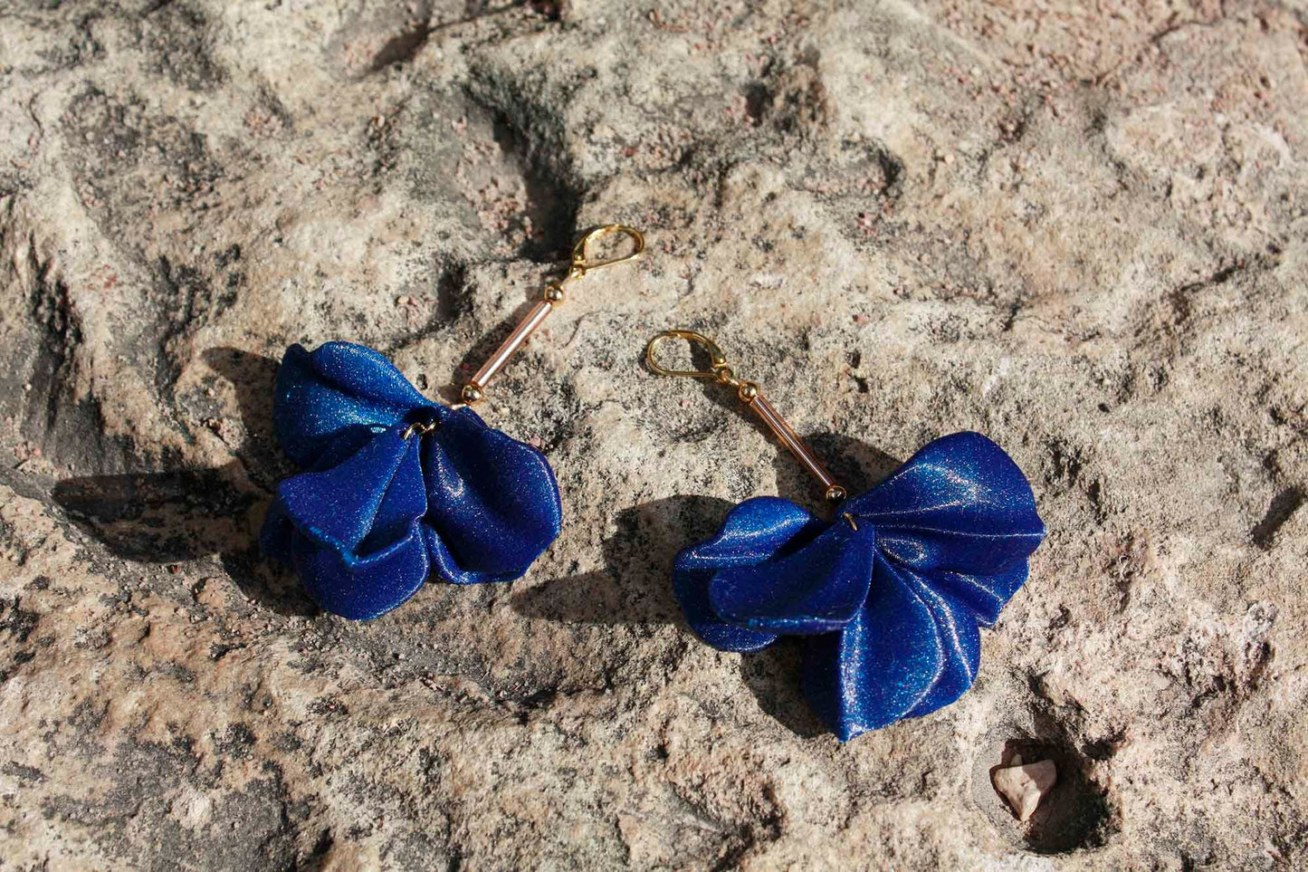 Malvace earrings in Ultramarine Blue. 3D printed in PLA with a glitter effect.