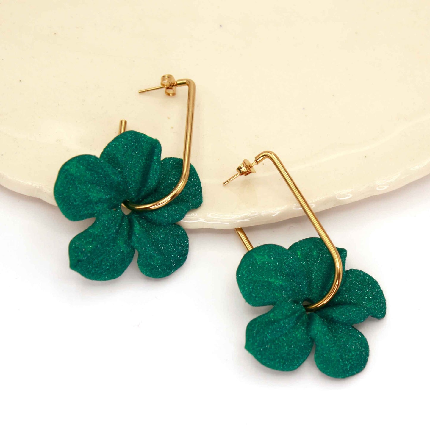 Trionum Emerald Green hibiscus flower earrings, 3D printed, very flattering.