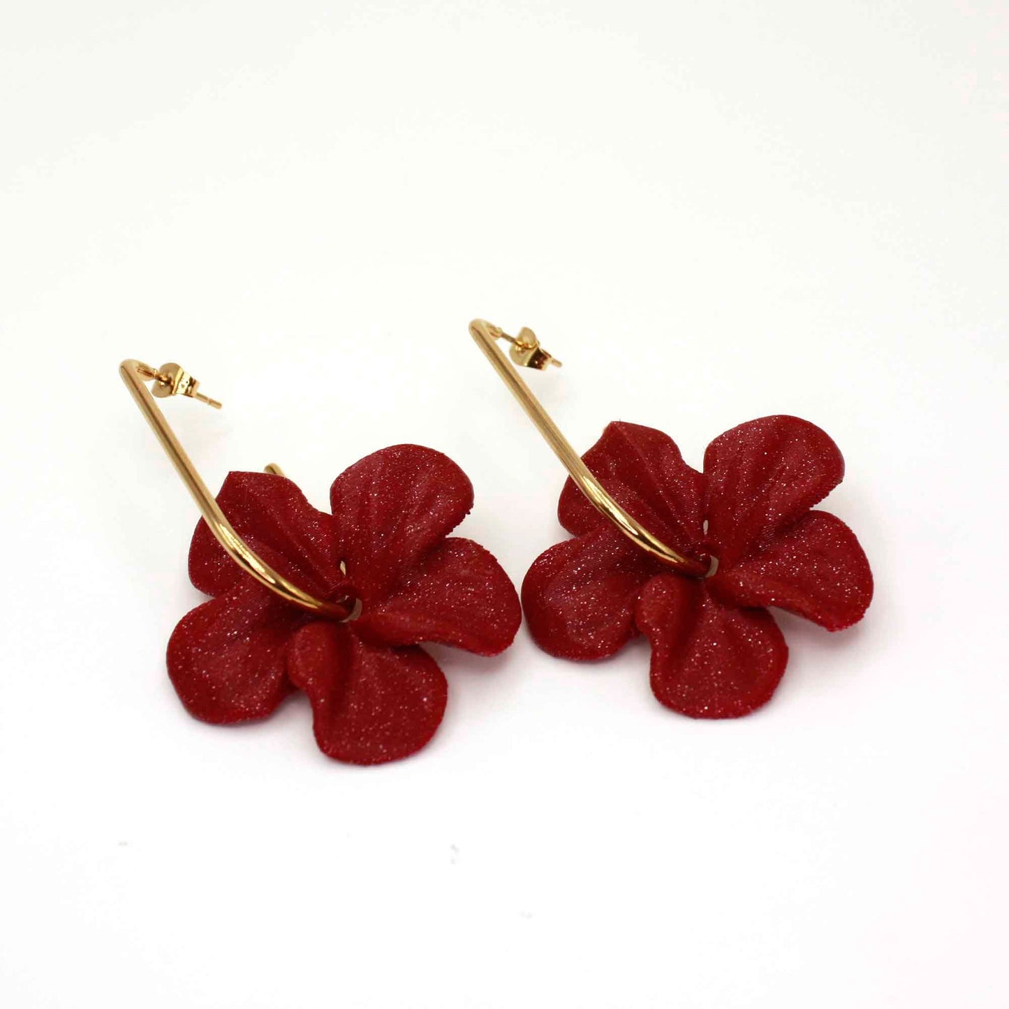 Trionum Bordeaux hibiscus flower earrings, 3D printed, with a very flattering hoop.