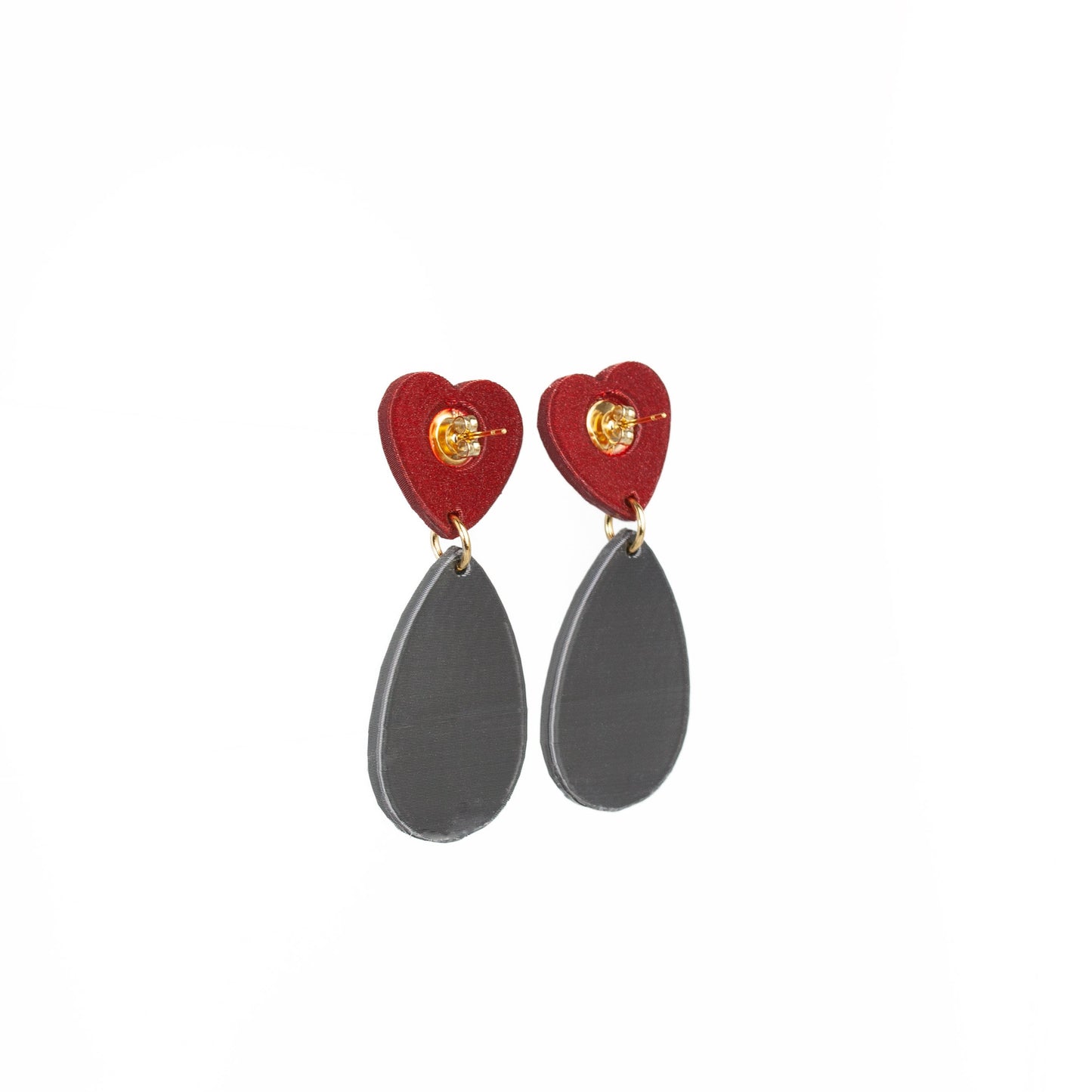 Jewel Heart earrings in red and graphite, 3D printed. Inner Love collection. Show off!