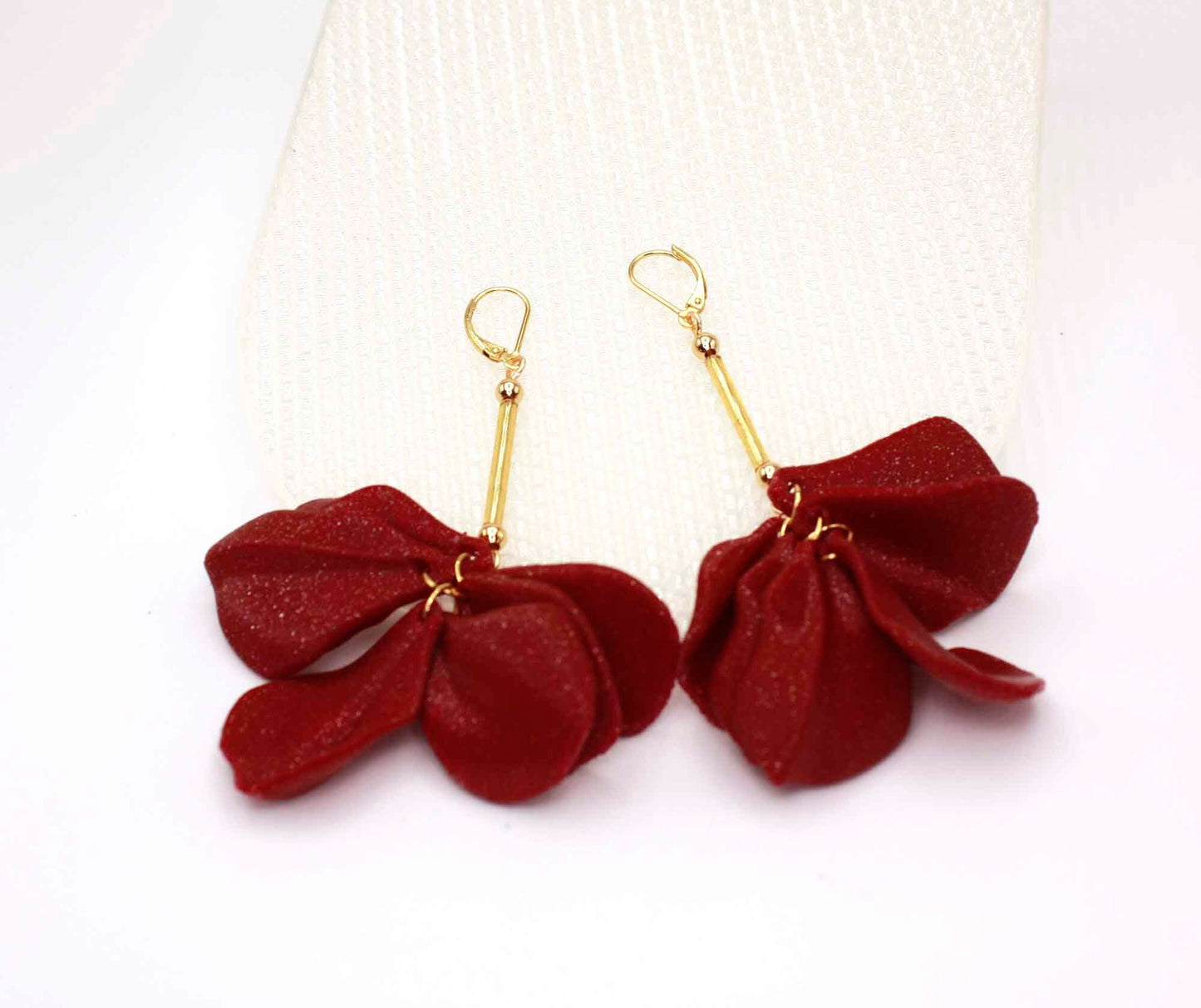 Bordeaux Malvace Earrings. Long, 3D-printed earrings that weigh nothing.