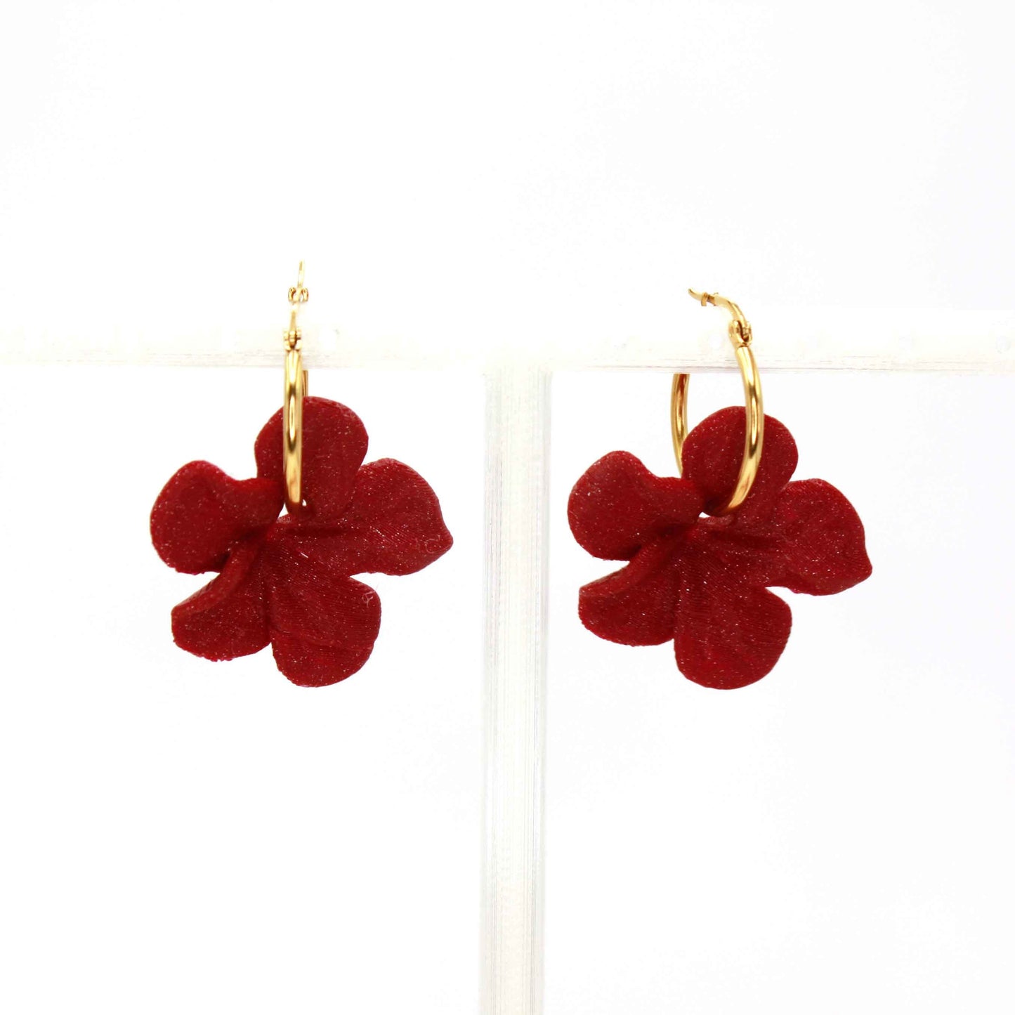 Very comfortable, burgundy Carmen hoop earrings. 3D-printed with biodegradable PLA.