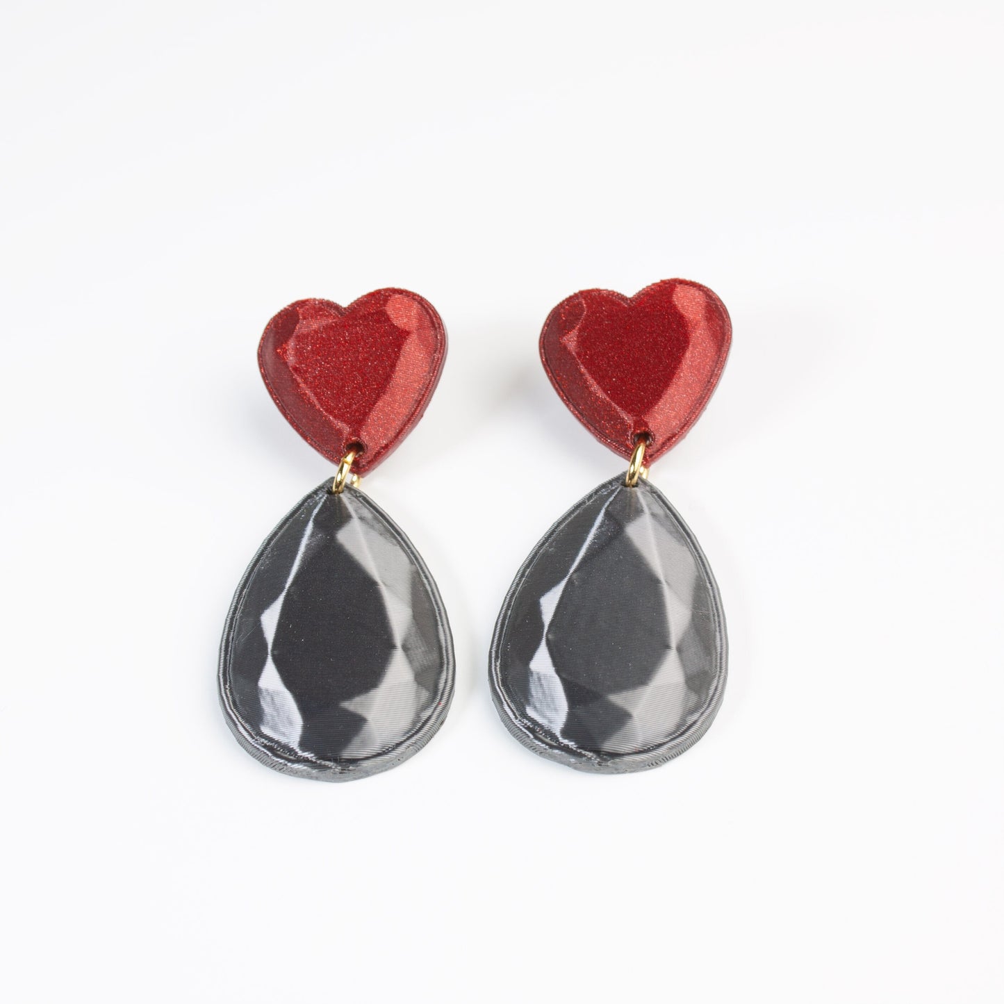 Jewel Heart earrings in red and graphite, 3D printed. Inner Love collection. Show off!