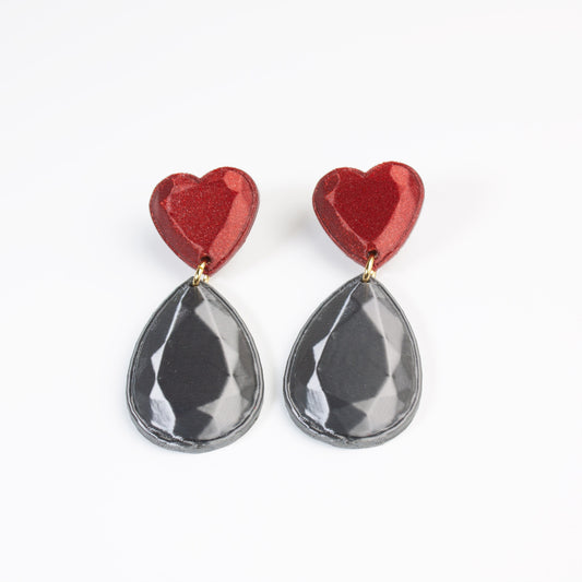 Jewel Heart earrings in red and graphite, 3D printed. Inner Love collection. Show off!