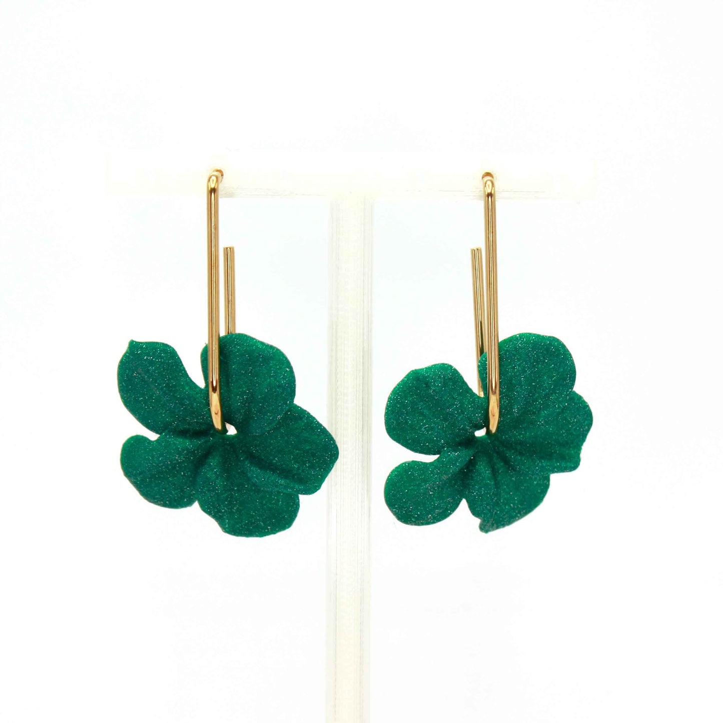Trionum Emerald Green hibiscus flower earrings, 3D printed, very flattering.