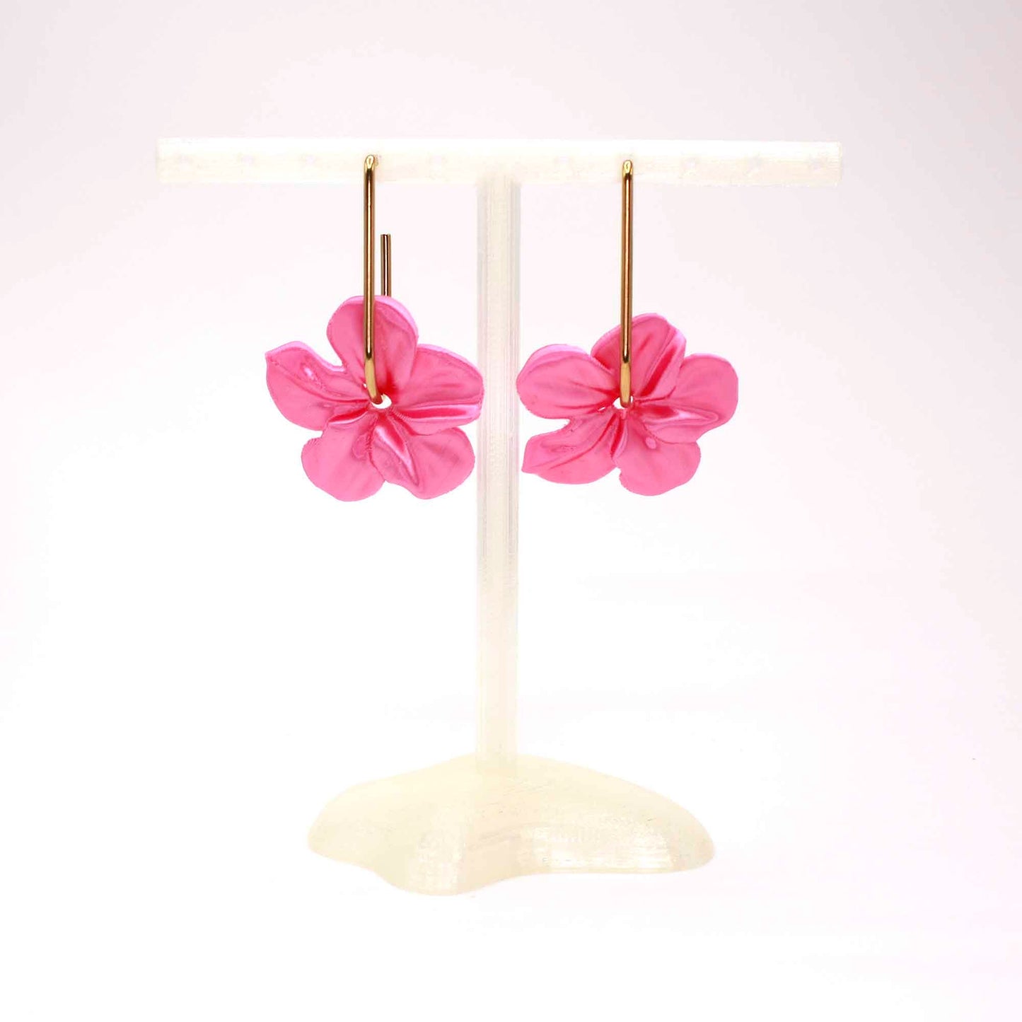 Trionum Pink 3D-printed hibiscus flower hoop earrings are very flattering.