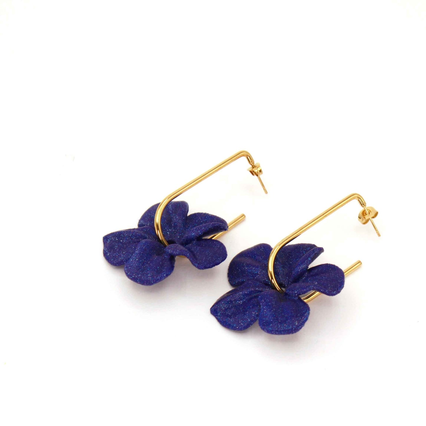 Pendientes Trionum Azul Ultramar con forma de flor de hibisco, impresos en 3D, muy favorecedores.