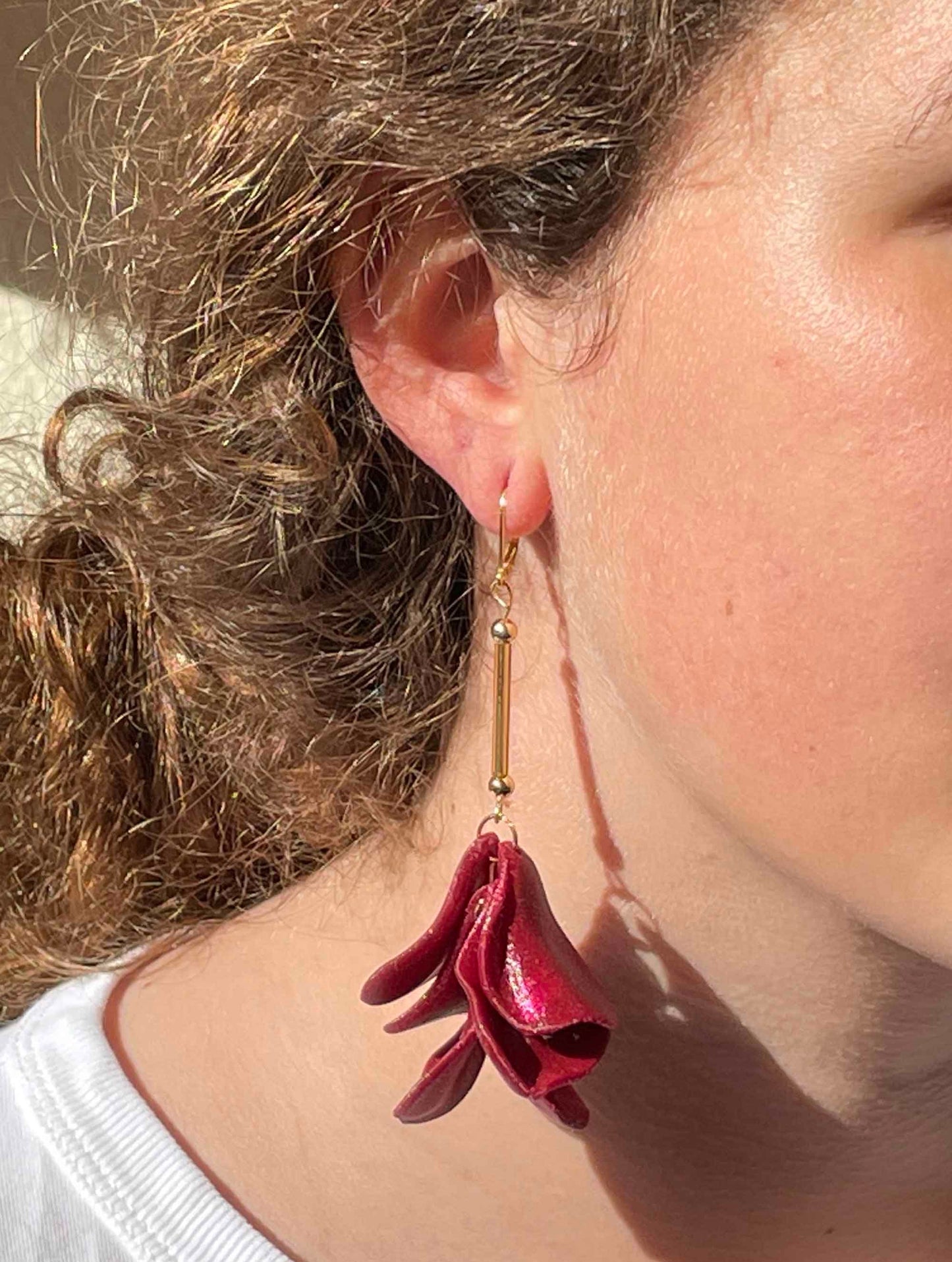Bordeaux Malvace Earrings. Long, 3D-printed earrings that weigh nothing.