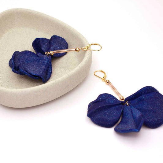 Malvace earrings in Ultramarine Blue. 3D printed in PLA with a glitter effect.