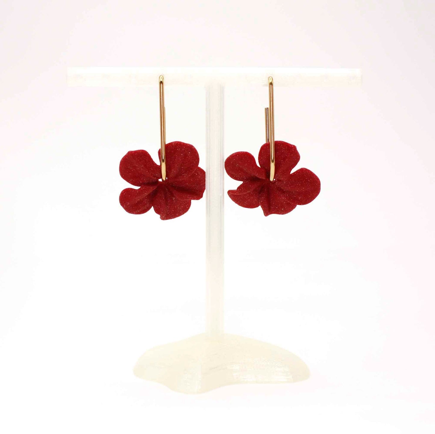 Trionum Bordeaux hibiscus flower earrings, 3D printed, with a very flattering hoop.