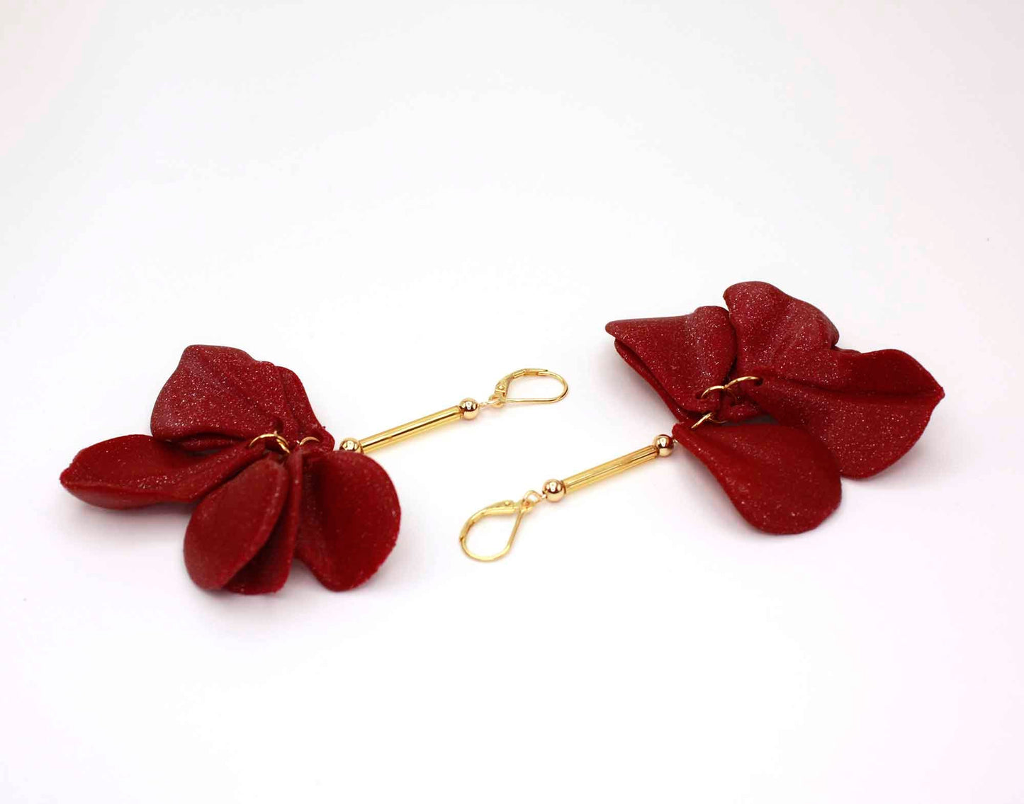 Bordeaux Malvace Earrings. Long, 3D-printed earrings that weigh nothing.