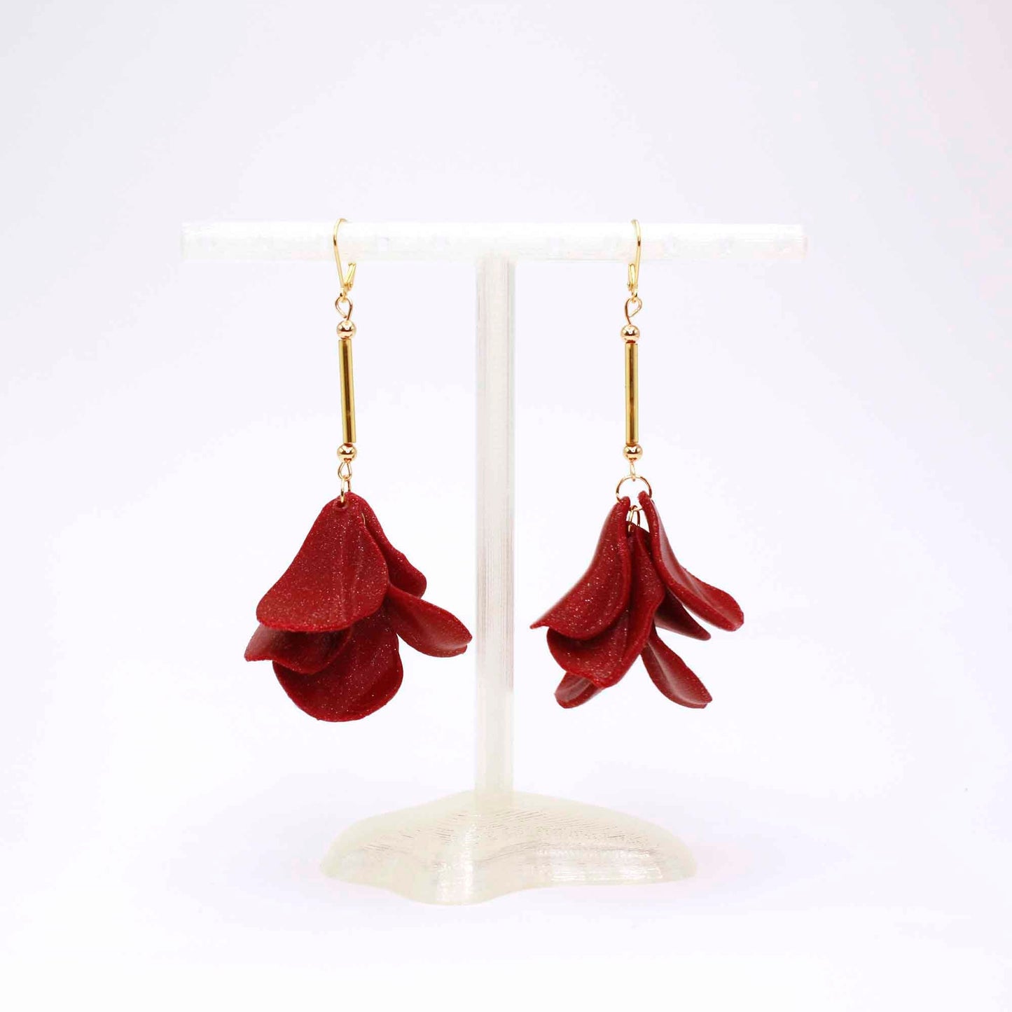 Bordeaux Malvace Earrings. Long, 3D-printed earrings that weigh nothing.