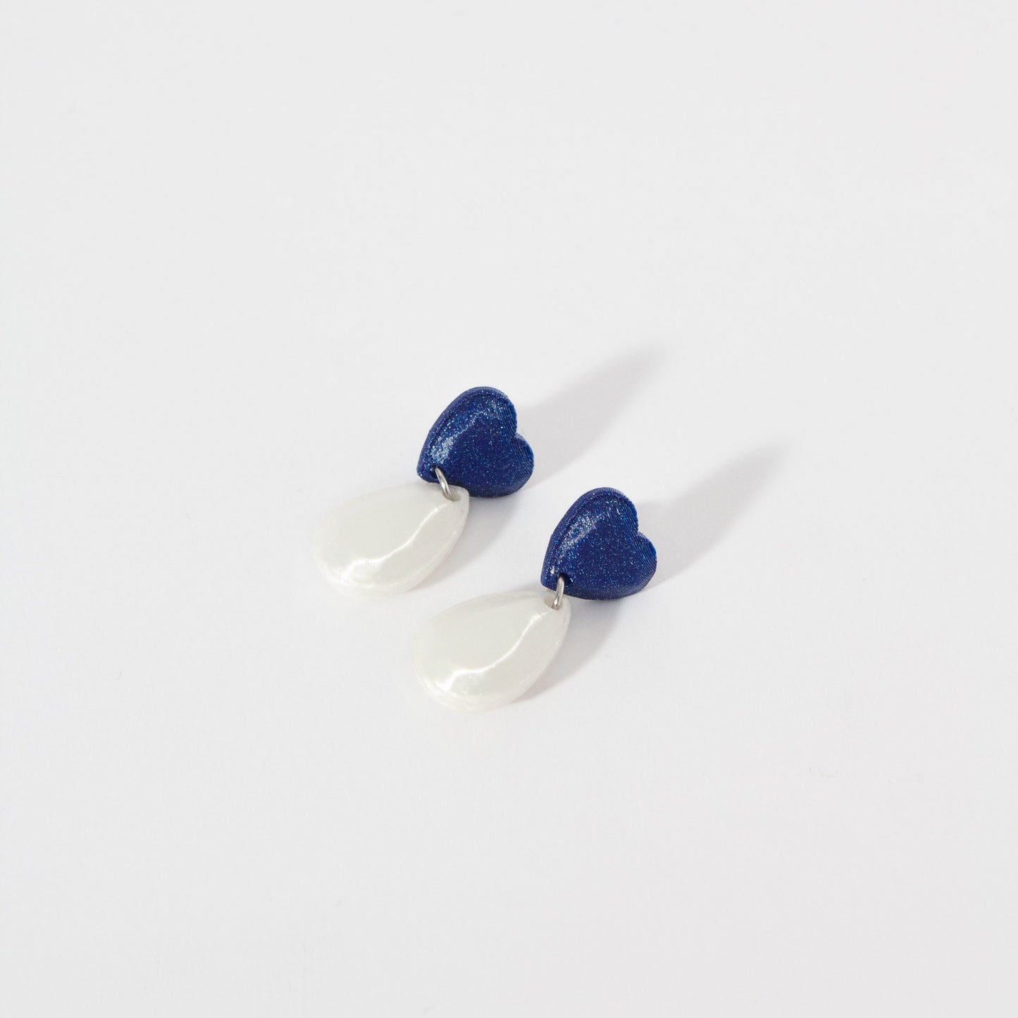 Mini Heart earrings in blue and pearl, 3D printed. Inner Love Collection. They weigh nothing!