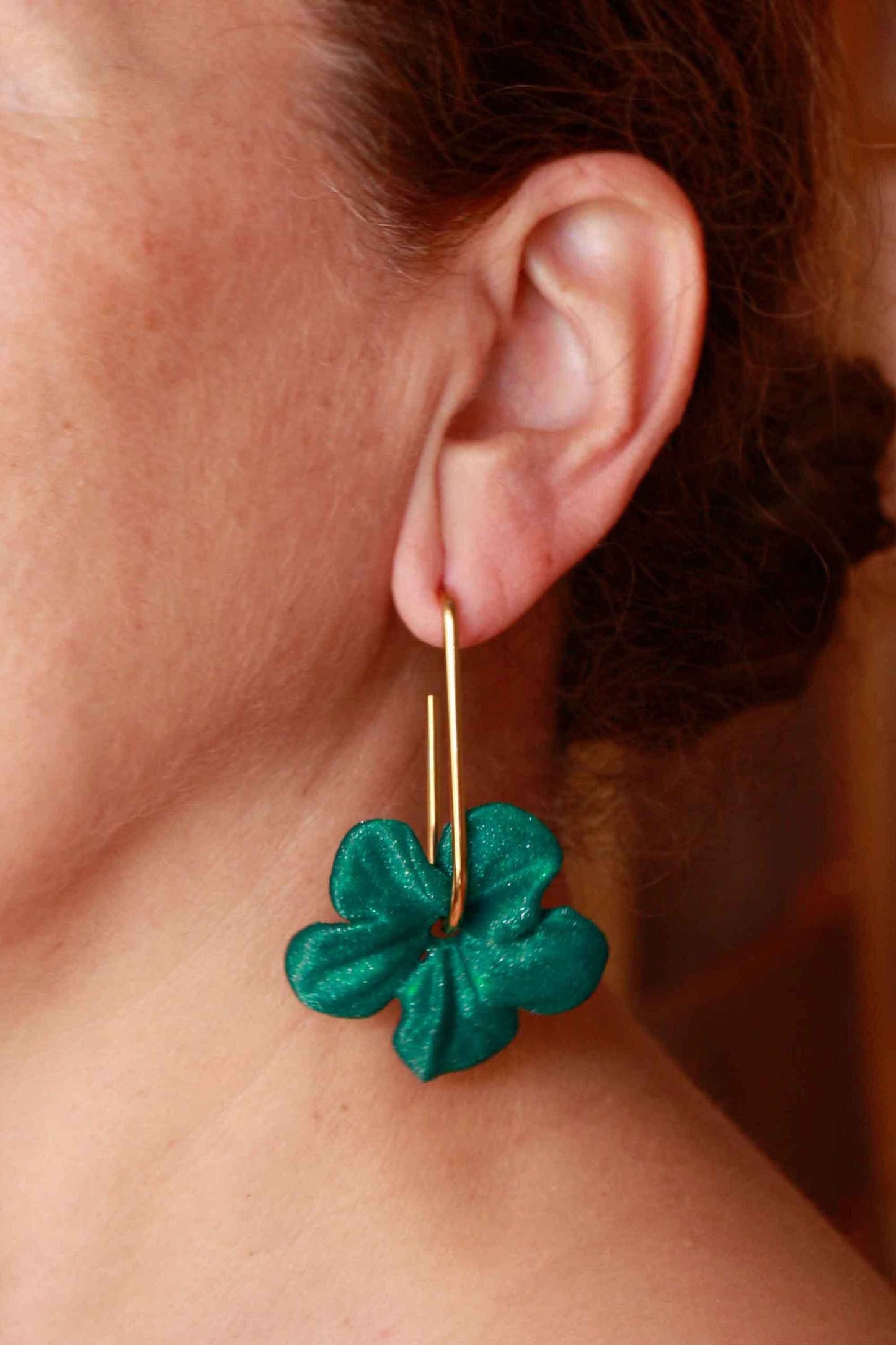 Trionum Emerald Green hibiscus flower earrings, 3D printed, very flattering.