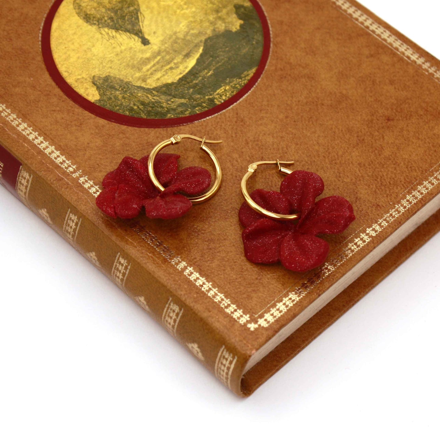 Very comfortable, burgundy Carmen hoop earrings. 3D-printed with biodegradable PLA.