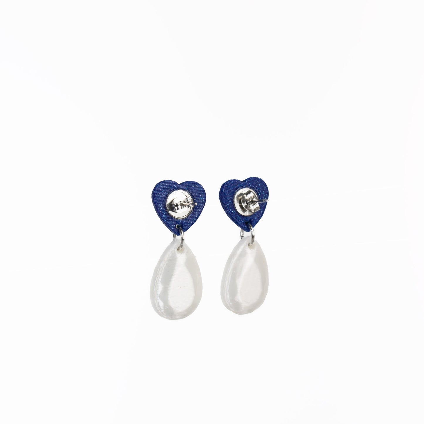 Mini Heart earrings in blue and pearl, 3D printed. Inner Love Collection. They weigh nothing!