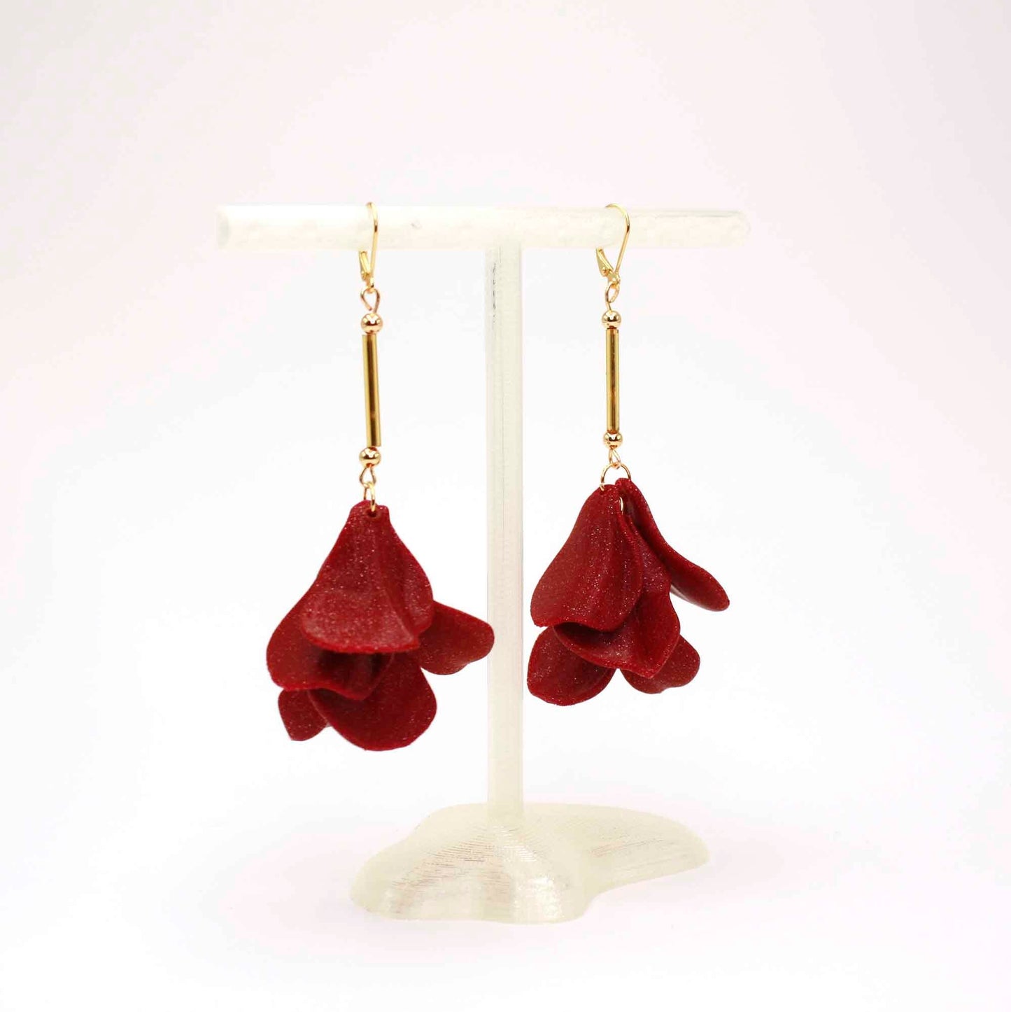 Bordeaux Malvace Earrings. Long, 3D-printed earrings that weigh nothing.