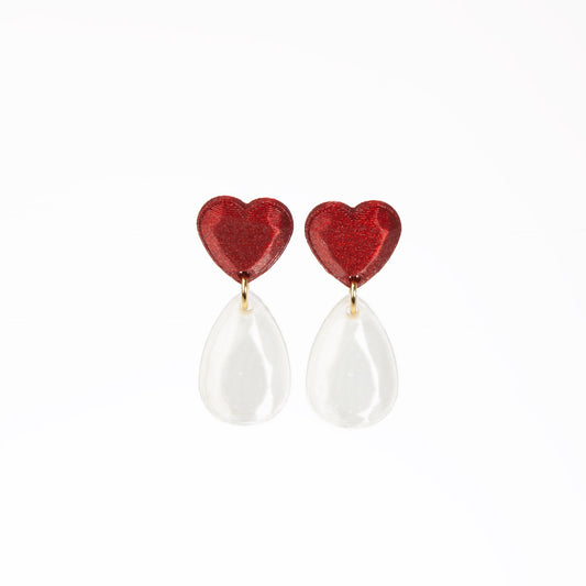 Mini Heart earrings in red and pearl, 3D printed. Inner Love Collection. They weigh nothing!
