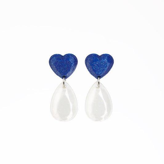 Mini Heart earrings in blue and pearl, 3D printed. Inner Love Collection. They weigh nothing!