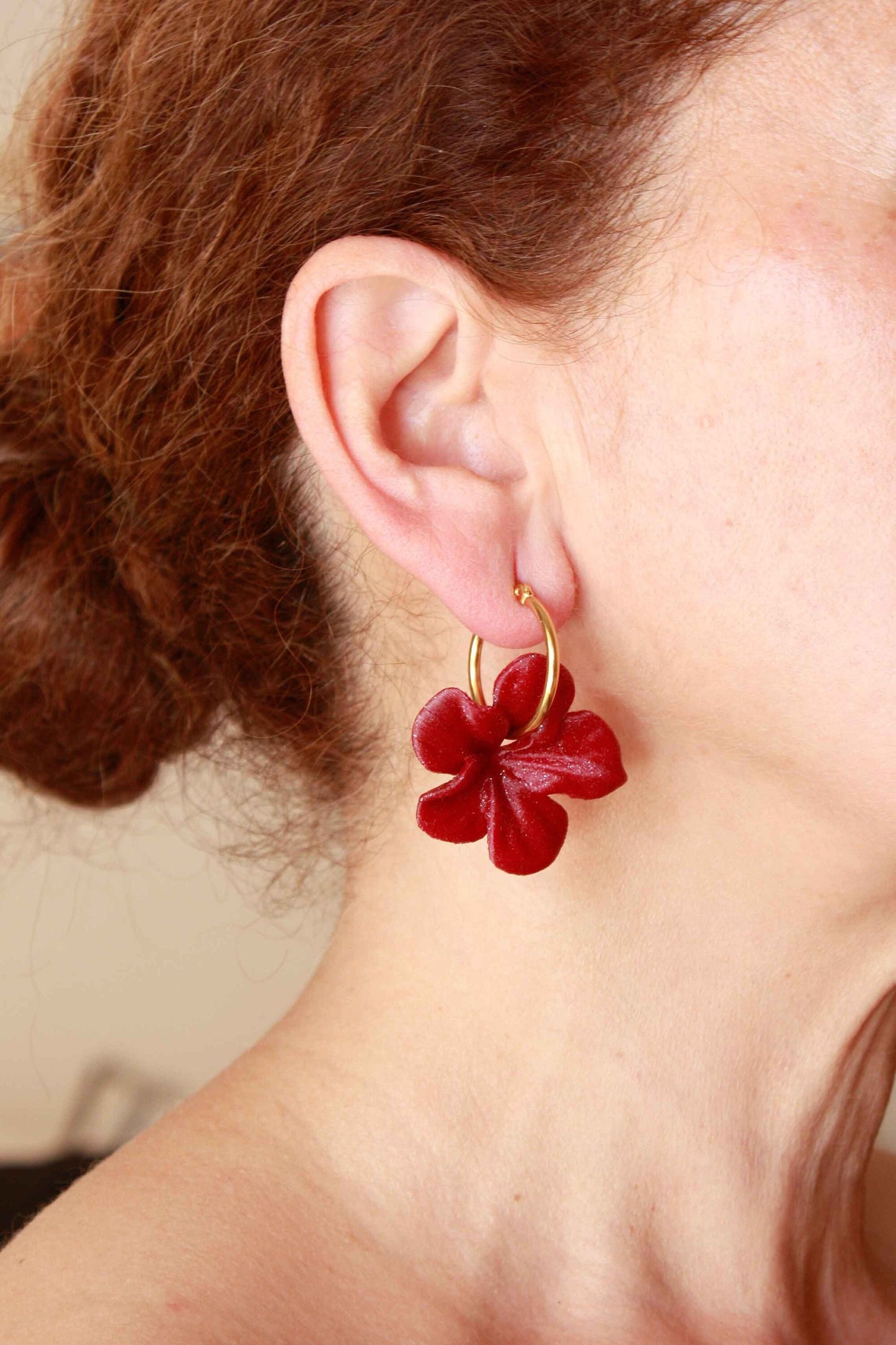 Very comfortable, burgundy Carmen hoop earrings. 3D-printed with biodegradable PLA.