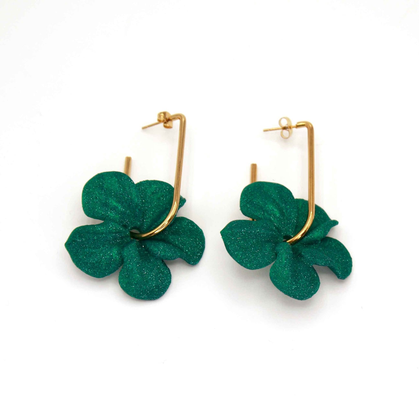 Trionum Emerald Green hibiscus flower earrings, 3D printed, very flattering.