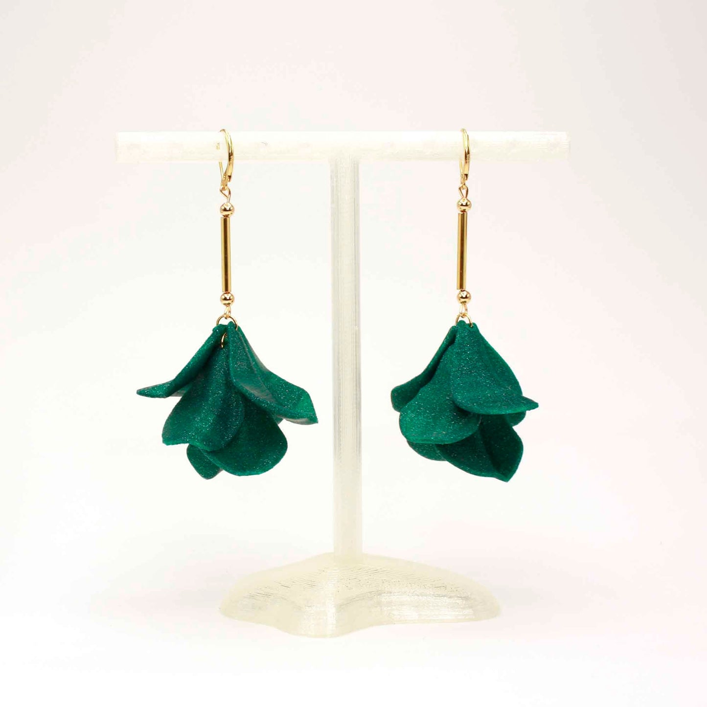 Emerald-colored Malvace earrings. 3D printed in glitter-effect PLA.