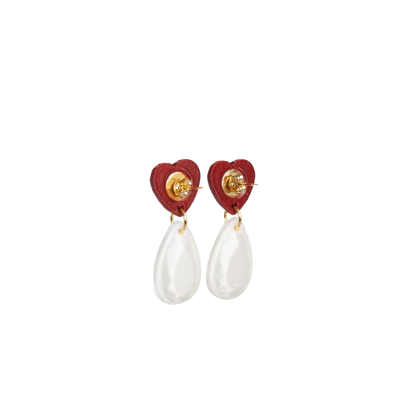 Mini Heart earrings in red and pearl, 3D printed. Inner Love Collection. They weigh nothing!