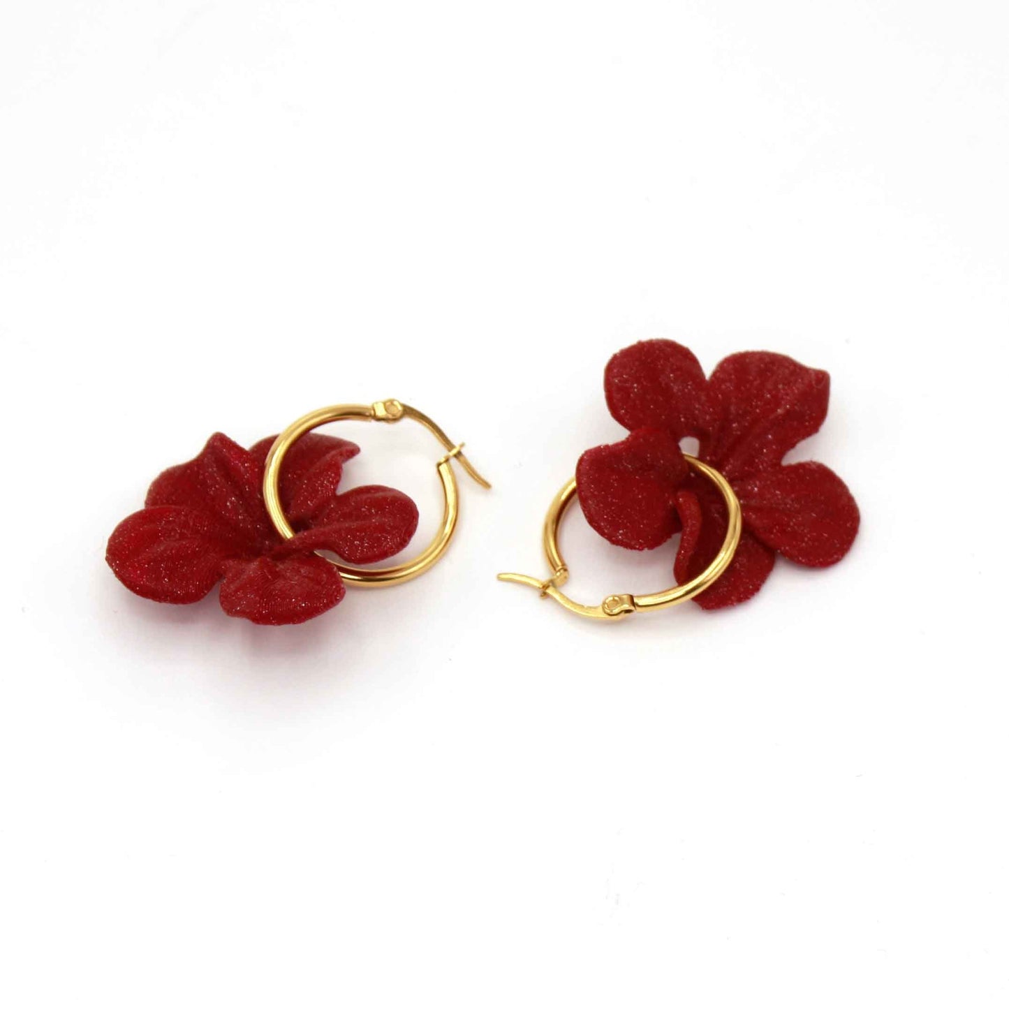 Very comfortable, burgundy Carmen hoop earrings. 3D-printed with biodegradable PLA.