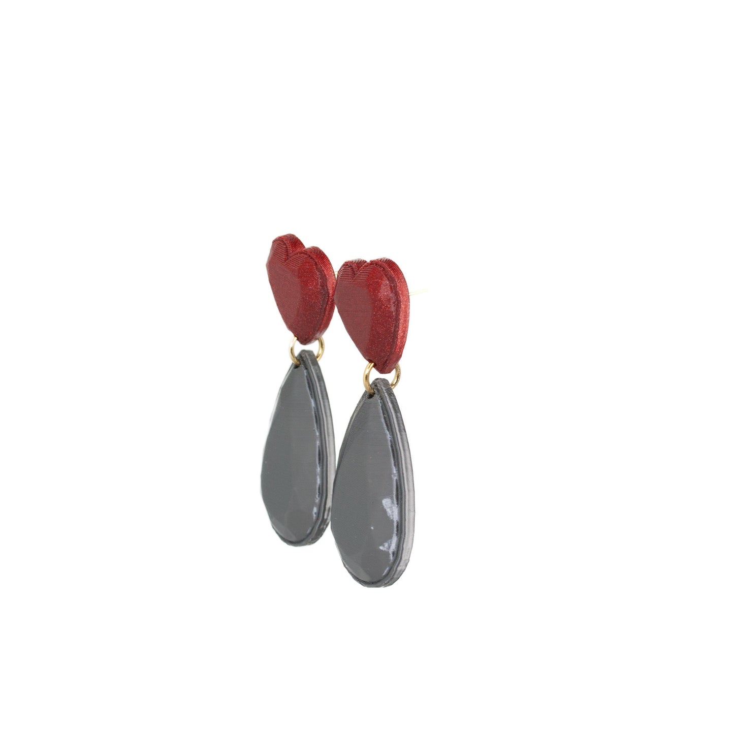 Jewel Heart earrings in red and graphite, 3D printed. Inner Love collection. Show off!