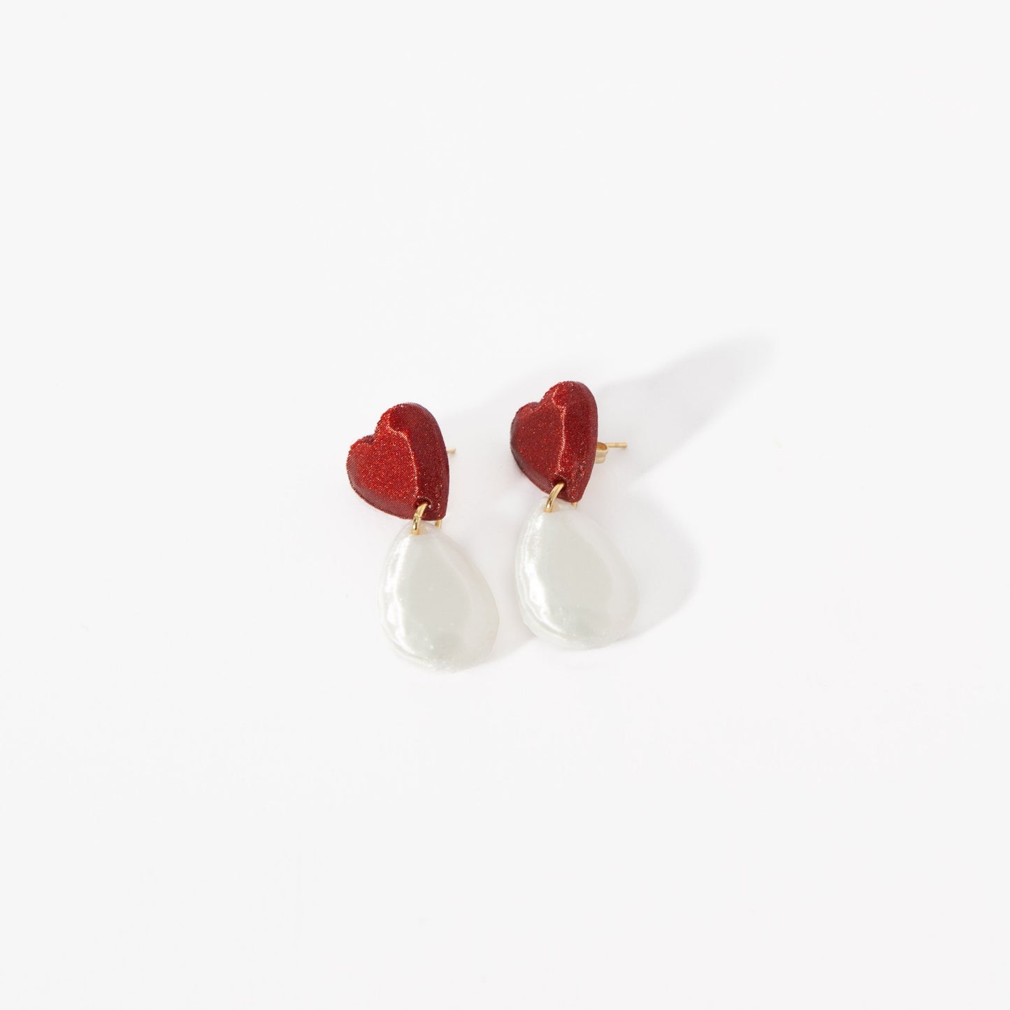 Mini Heart earrings in red and pearl, 3D printed. Inner Love Collection. They weigh nothing!
