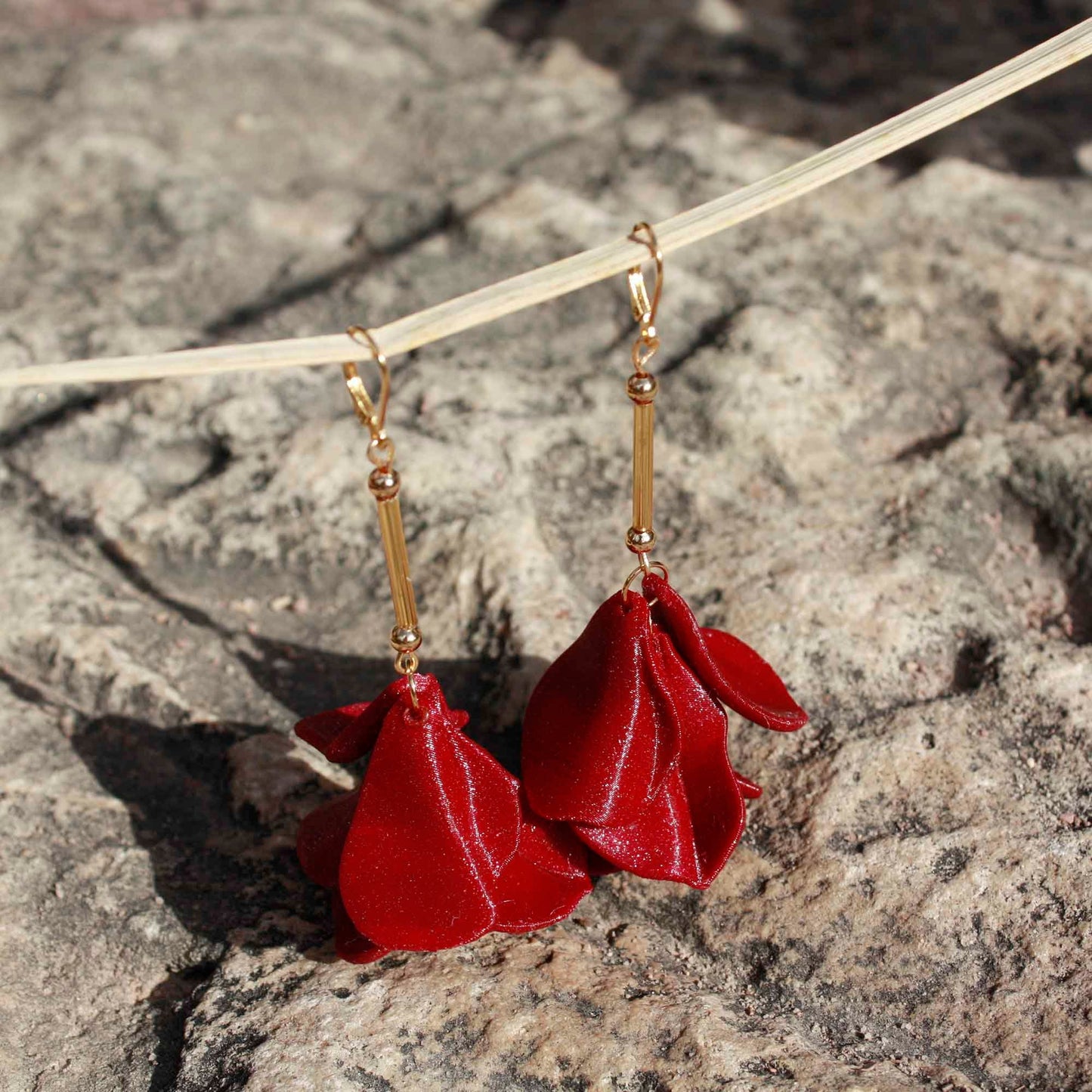 Bordeaux Malvace Earrings. Long, 3D-printed earrings that weigh nothing.