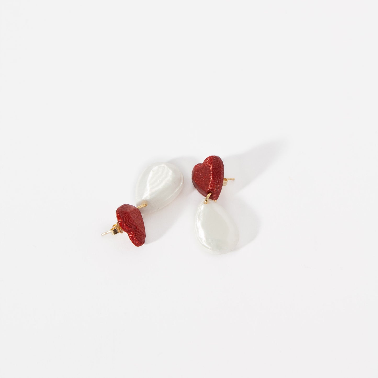 Mini Heart earrings in red and pearl, 3D printed. Inner Love Collection. They weigh nothing!