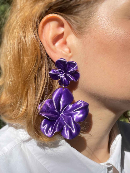 Pendientes Gran Hibis Violeta. Pendientes impresos en 3D, Ligeros y sostenibles