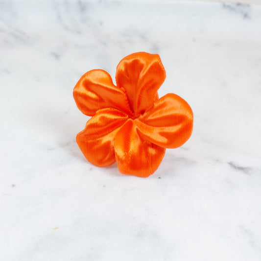 Custom-made 3D printed orange Hibis flower ring, available in various colors.