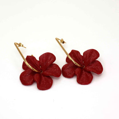 Trionum Bordeaux hibiscus flower earrings, 3D printed, with a very flattering hoop.