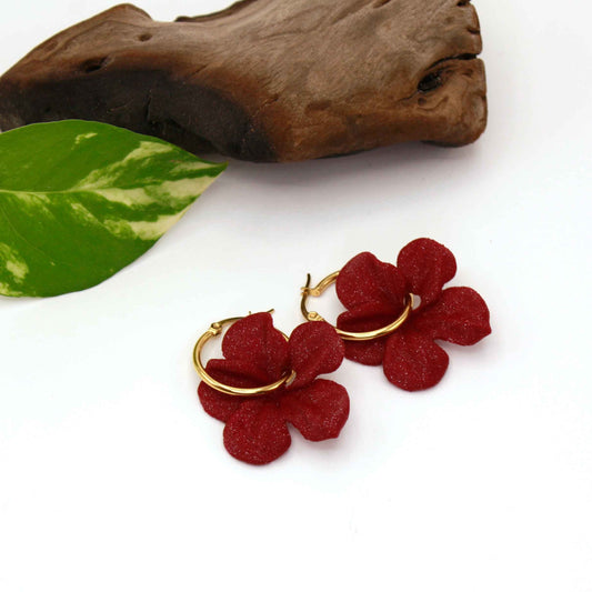 Very comfortable, burgundy Carmen hoop earrings. 3D-printed with biodegradable PLA.