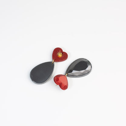 Jewel Heart earrings in red and graphite, 3D printed. Inner Love collection. Show off!