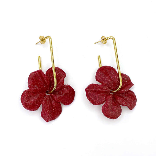 Trionum Bordeaux hibiscus flower earrings, 3D printed, with a very flattering hoop.