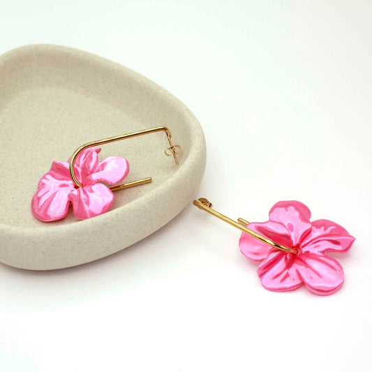 Trionum Pink 3D-printed hibiscus flower hoop earrings are very flattering.