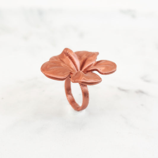 Custom-made 3D printed Cooper Hibis flower ring, available in various colors.