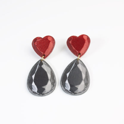 Jewel Heart earrings in red and graphite, 3D printed. Inner Love collection. Show off!
