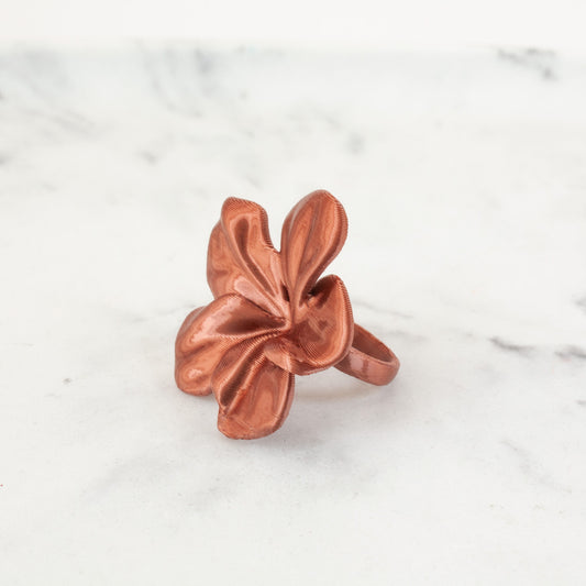 Custom-made 3D printed Cooper Hibis flower ring, available in various colors.