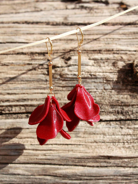 Bordeaux Malvace Earrings. Long, 3D-printed earrings that weigh nothing.