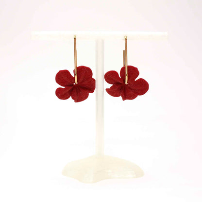 Trionum Bordeaux hibiscus flower earrings, 3D printed, with a very flattering hoop.