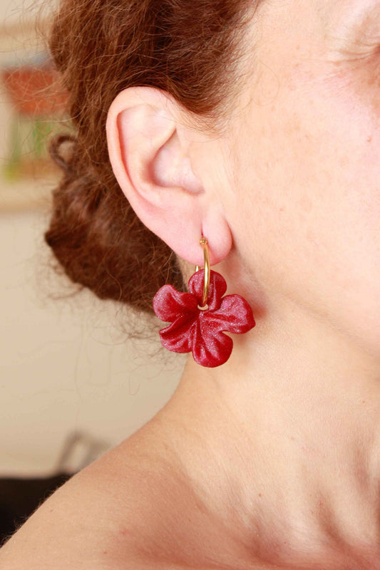 Very comfortable, burgundy Carmen hoop earrings. 3D-printed with biodegradable PLA.