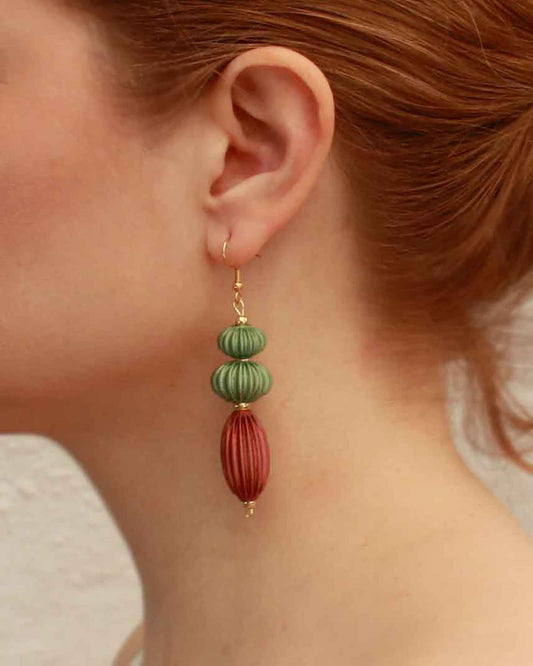 Anemone earrings from the Lukt collection, in Leaf and Cooper Green, 3D printed, very light and sophisticated.