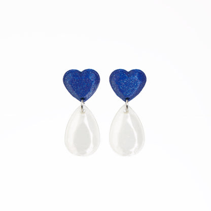 Mini Heart earrings in blue and pearl, 3D printed. Inner Love Collection. They weigh nothing!