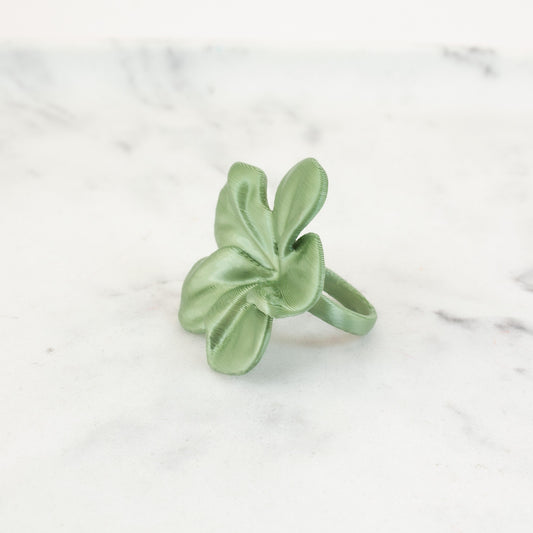 Custom-made 3D printed Hibis flower ring in Leaf Green, available in various colors.