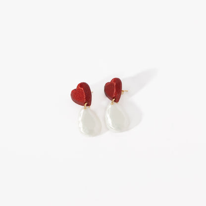 Mini Heart earrings in red and pearl, 3D printed. Inner Love Collection. They weigh nothing!